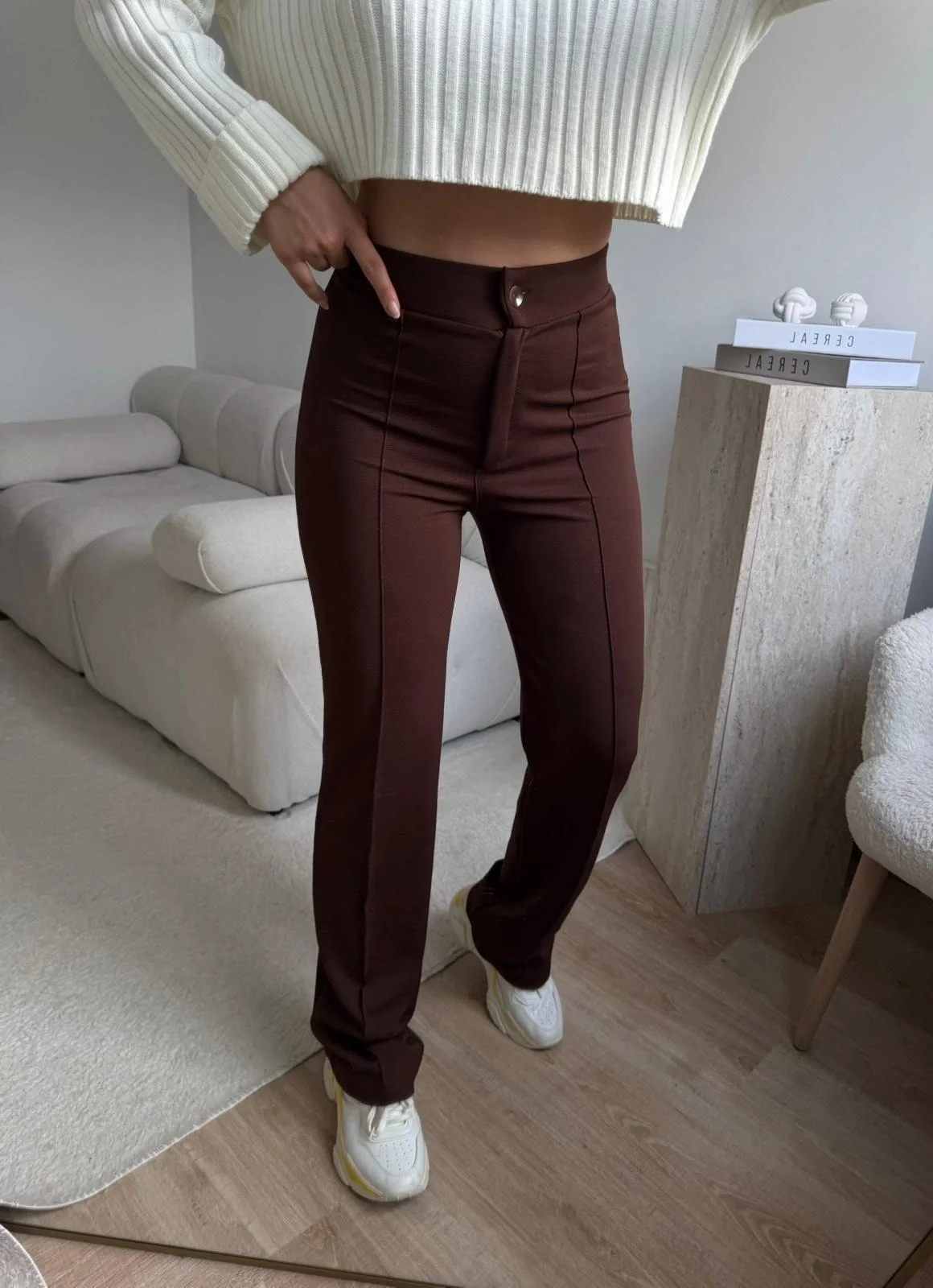 Toparlayıcı Dikişli Palazzo Pantolon - KAHVE