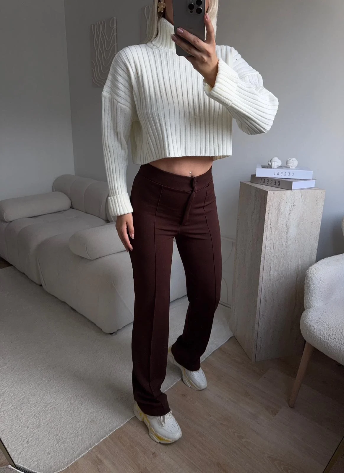 Toparlayıcı Dikişli Palazzo Pantolon - KAHVE