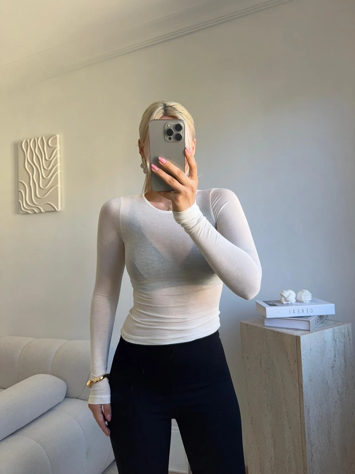 Transparan Bisiklet Yaka Uzun Kollu Bluz- BEYAZ