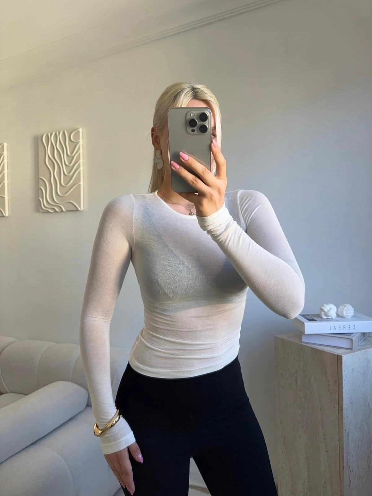 Transparan Bisiklet Yaka Uzun Kollu Bluz- BEYAZ