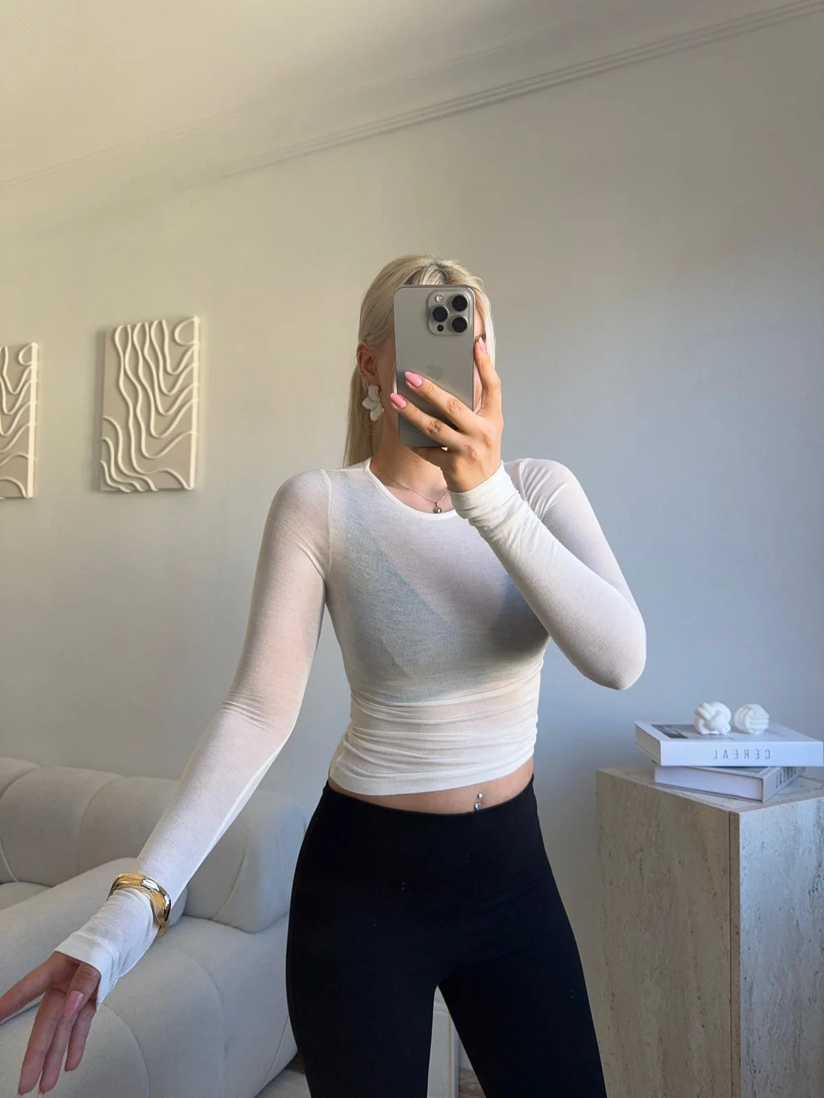 Transparan Bisiklet Yaka Uzun Kollu Bluz- BEYAZ