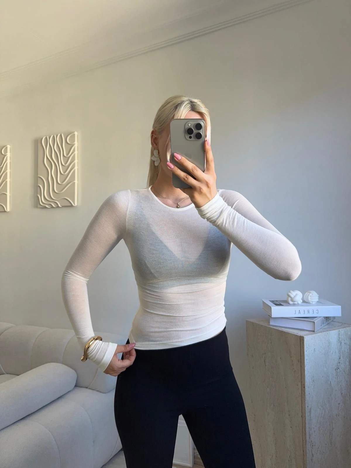 Transparan Bisiklet Yaka Uzun Kollu Bluz- BEYAZ