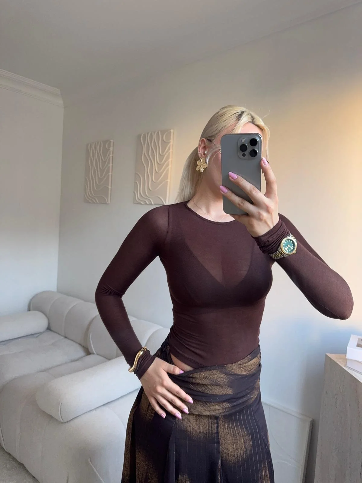 Transparan Bisiklet Yaka Uzun Kollu Bluz- KAHVE