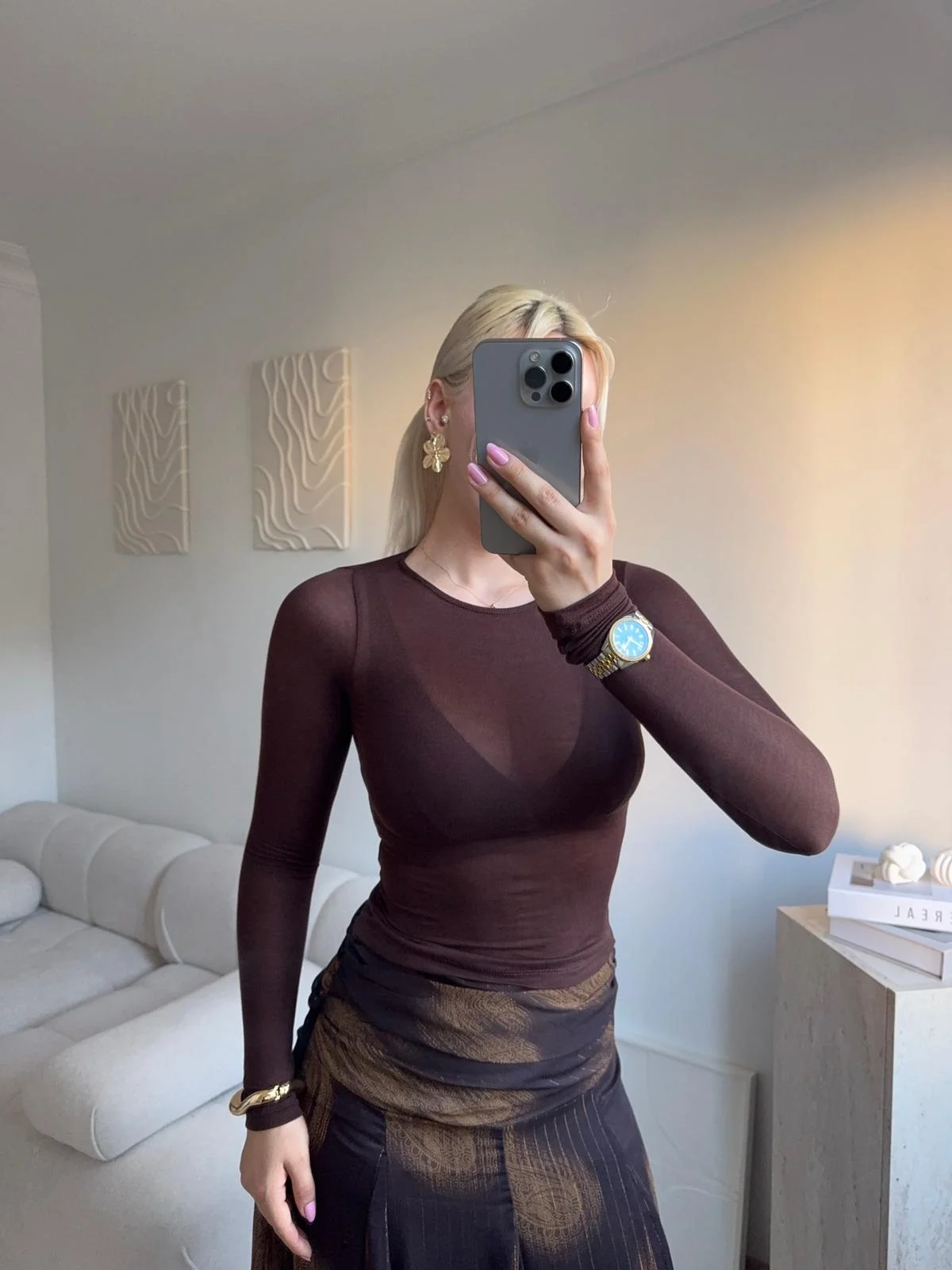 Transparan Bisiklet Yaka Uzun Kollu Bluz- KAHVE