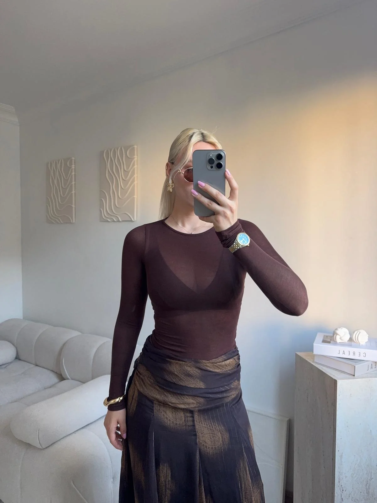 Transparan Bisiklet Yaka Uzun Kollu Bluz- KAHVE