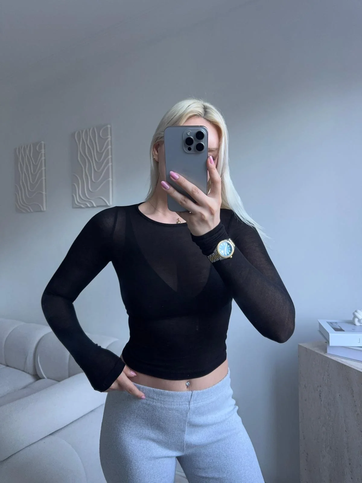 Transparan Bisiklet Yaka Uzun Kollu Bluz- SİYAH