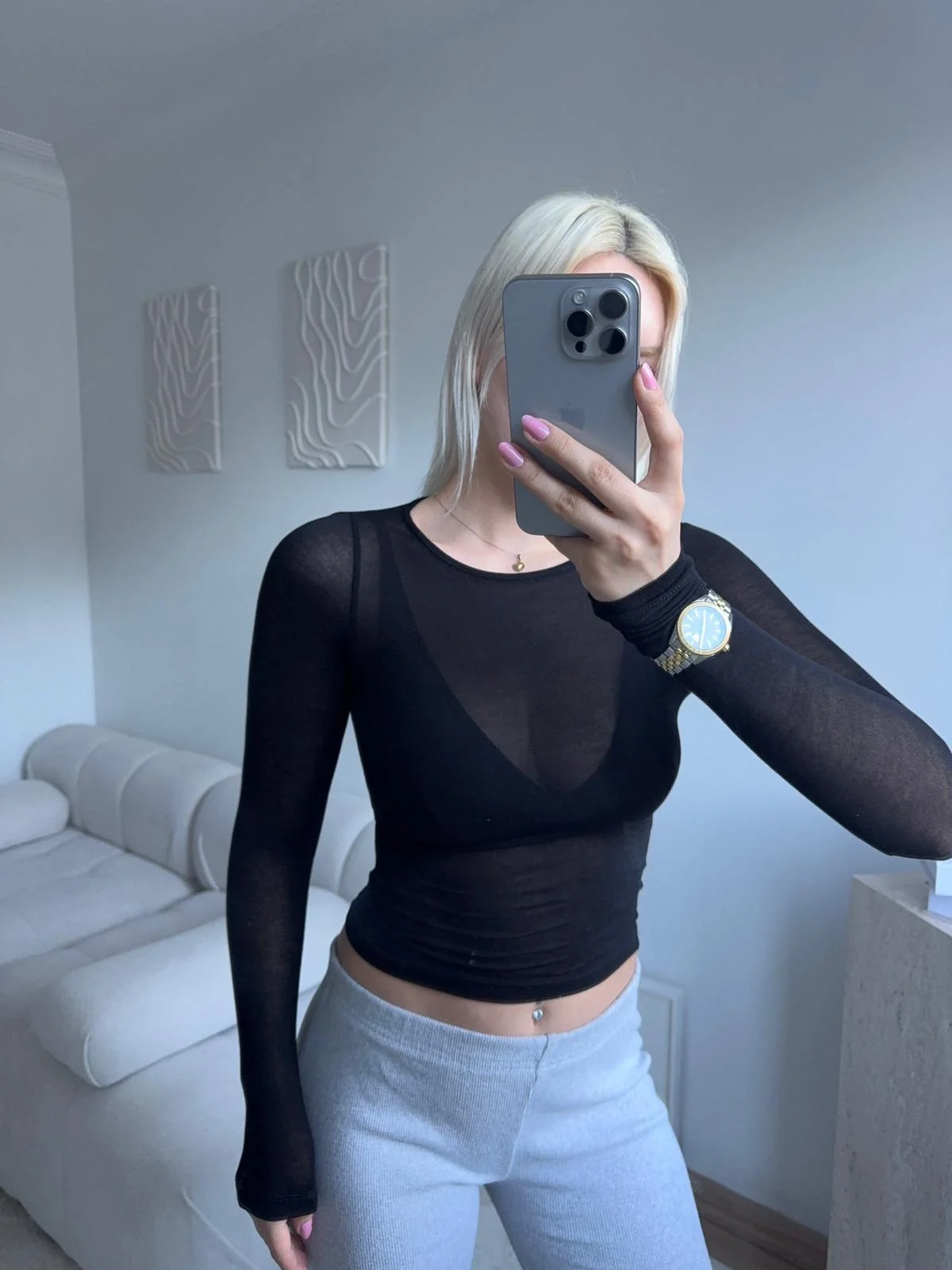 Transparan Bisiklet Yaka Uzun Kollu Bluz- SİYAH