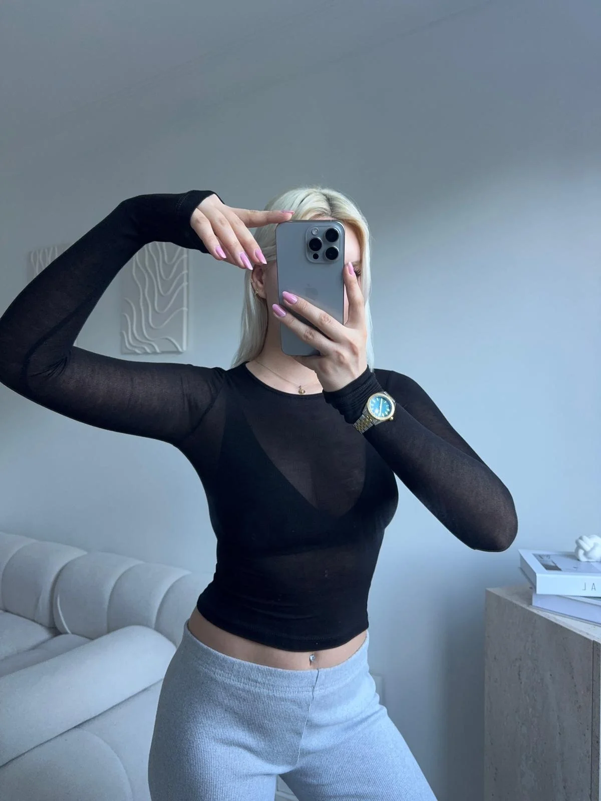 Transparan Bisiklet Yaka Uzun Kollu Bluz- SİYAH