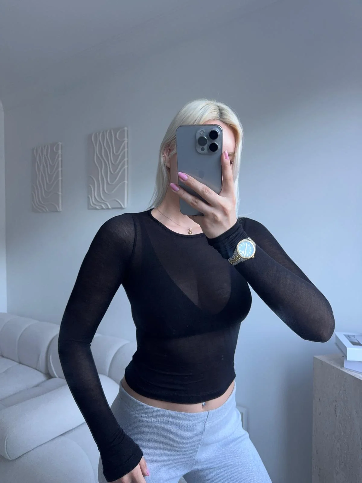 Transparan Bisiklet Yaka Uzun Kollu Bluz- SİYAH