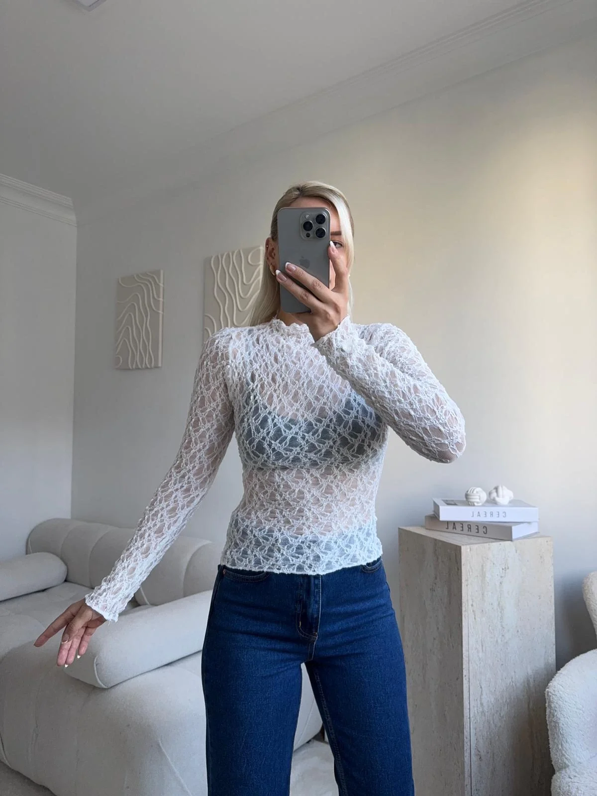 Transparan Dantel Bluz - BEYAZ