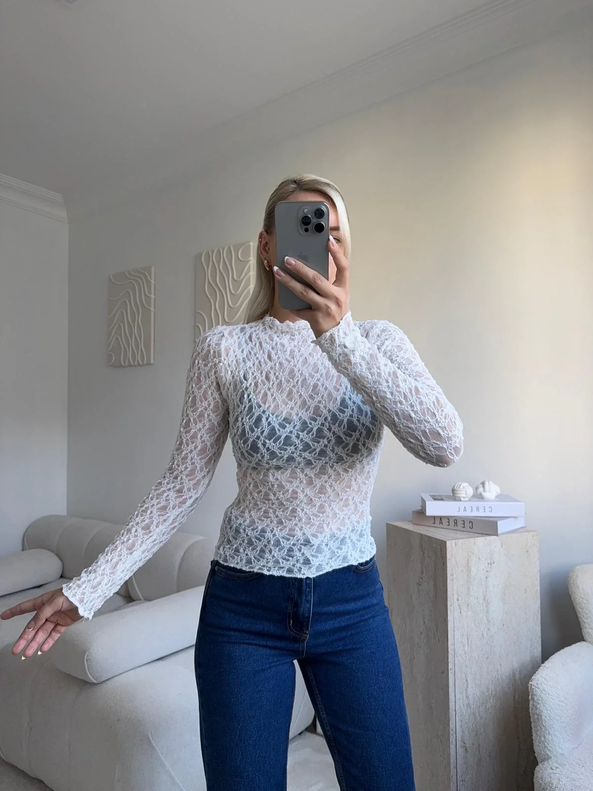 Transparan Dantel Bluz - BEYAZ