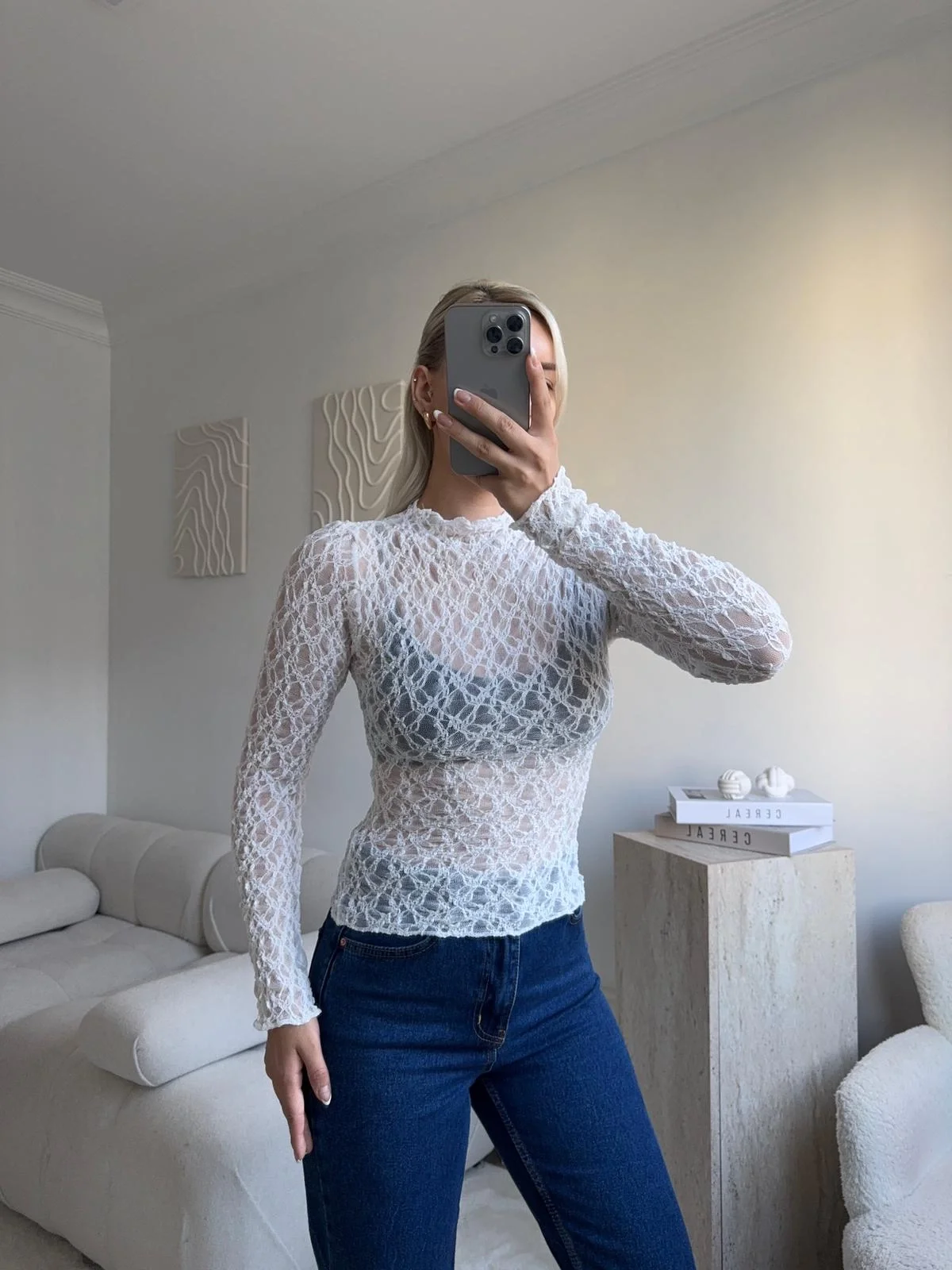 Transparan Dantel Bluz - BEYAZ