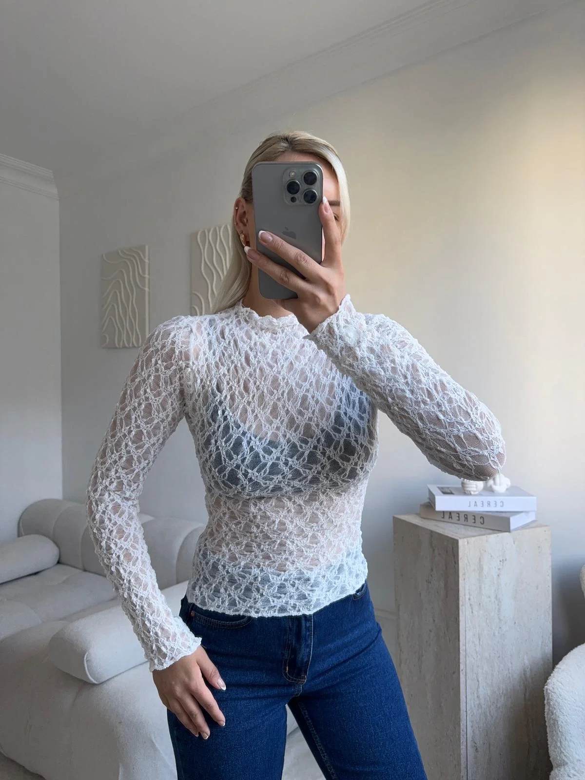 Transparan Dantel Bluz - BEYAZ