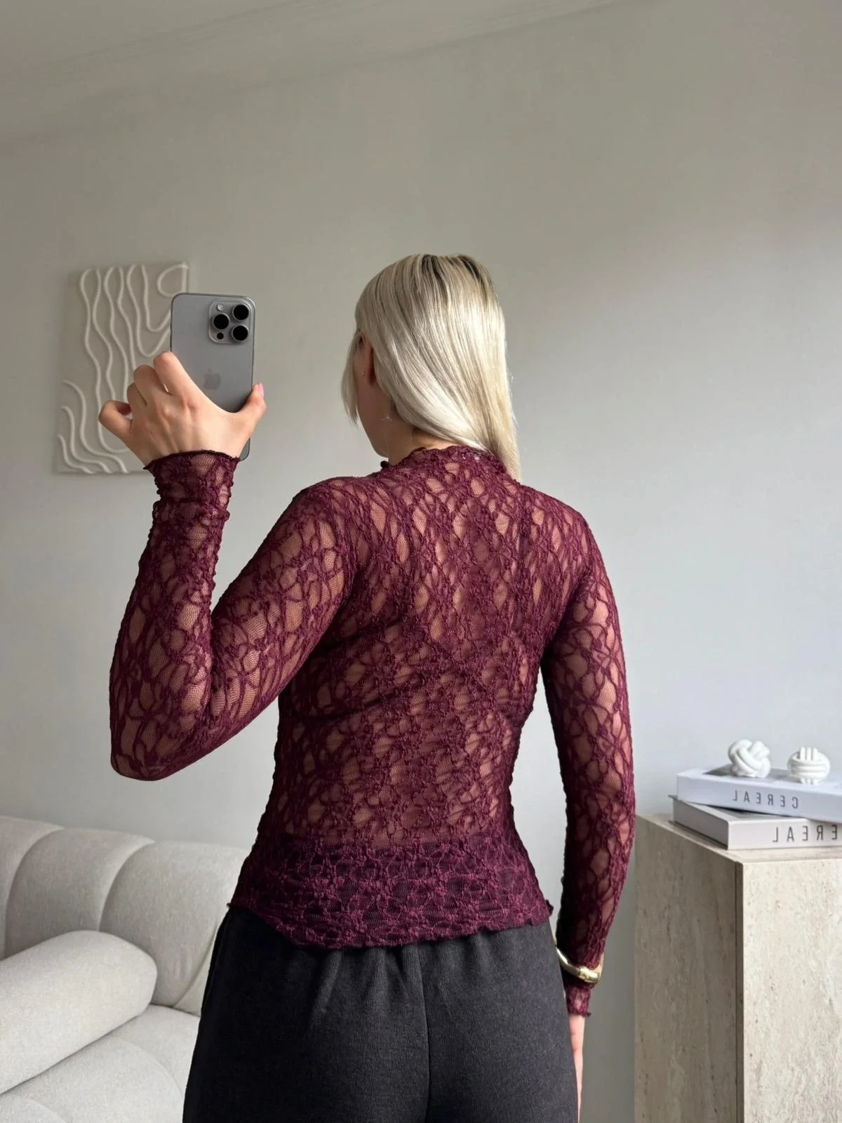 Transparan Dantel Bluz - BORDO