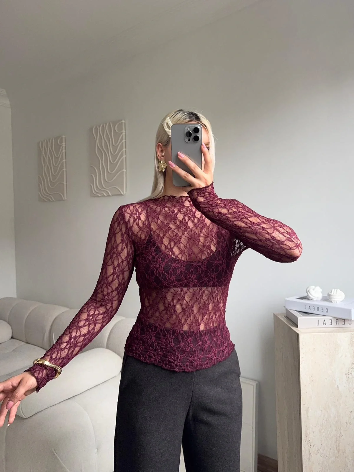 Transparan Dantel Bluz - BORDO