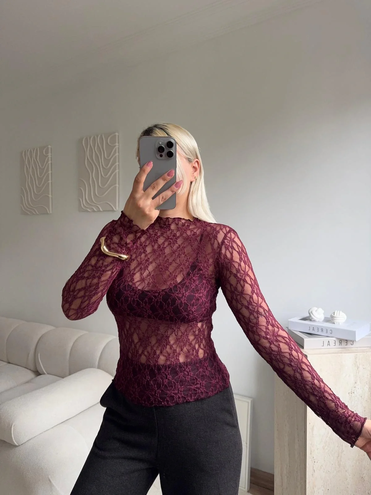 Transparan Dantel Bluz - BORDO