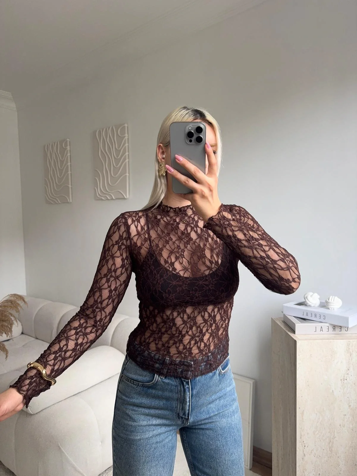 Transparan Dantel Bluz - KAHVE