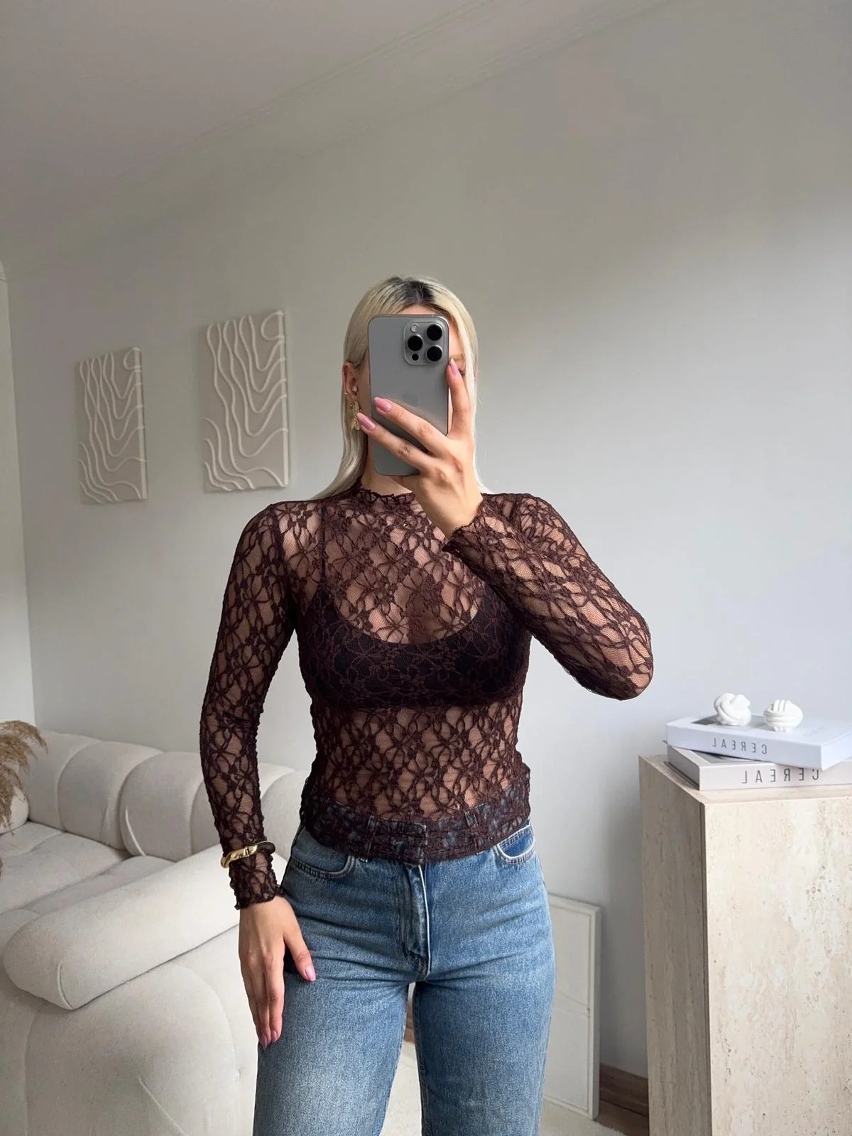 Transparan Dantel Bluz - KAHVE