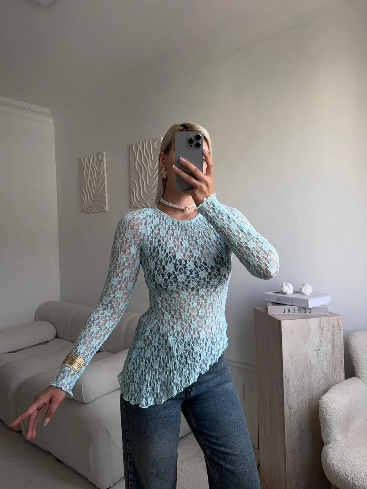 Transparan Dantel Bluz - MAVİ