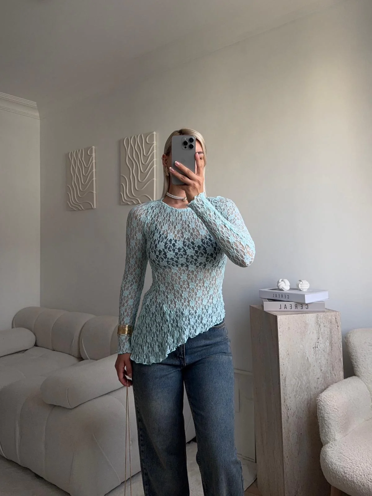 Transparan Dantel Bluz - MAVİ