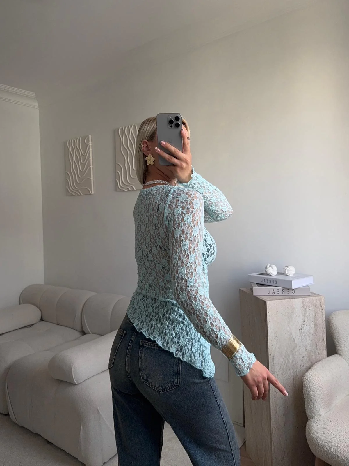 Transparan Dantel Bluz - MAVİ