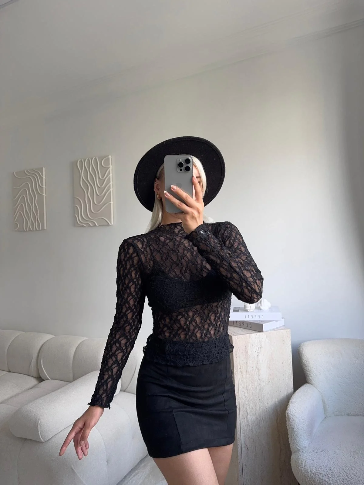 Transparan Dantel Bluz - SİYAH