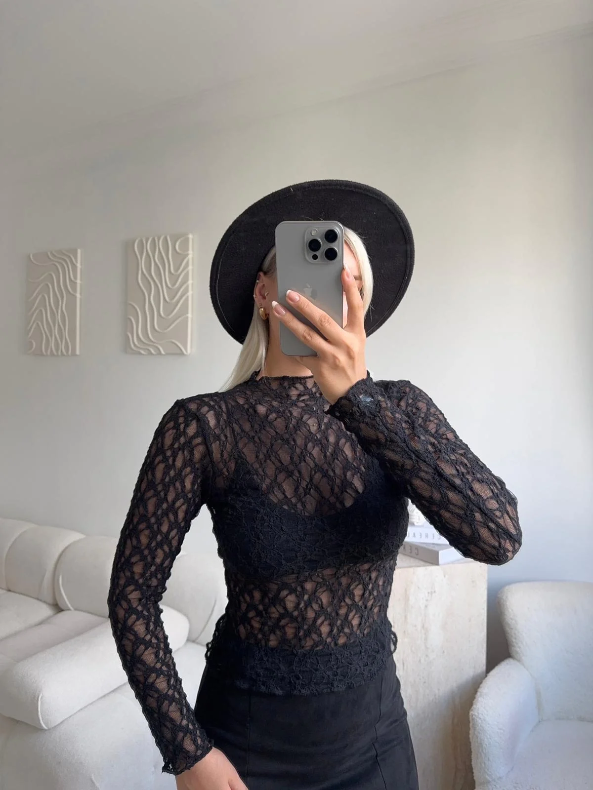 Transparan Dantel Bluz - SİYAH