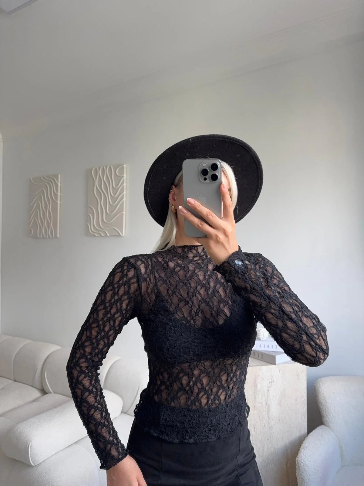 Transparan Dantel Bluz - SİYAH