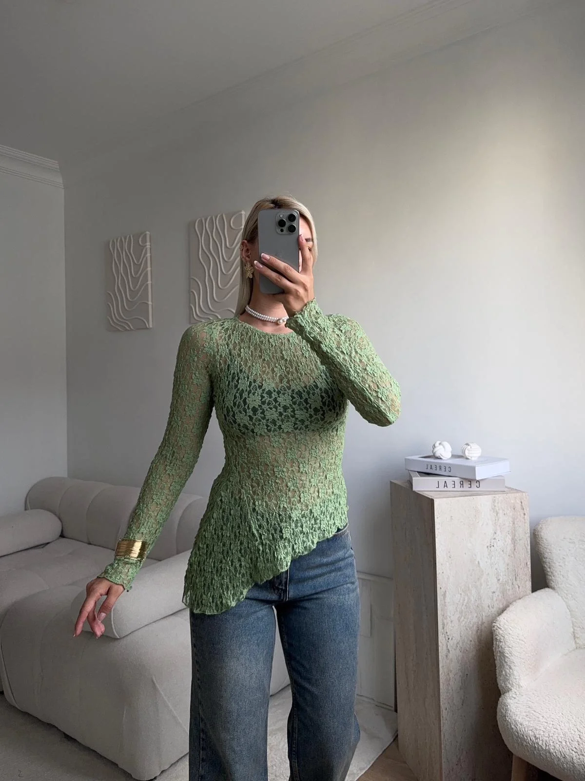 Transparan Dantel Bluz - YEŞİL