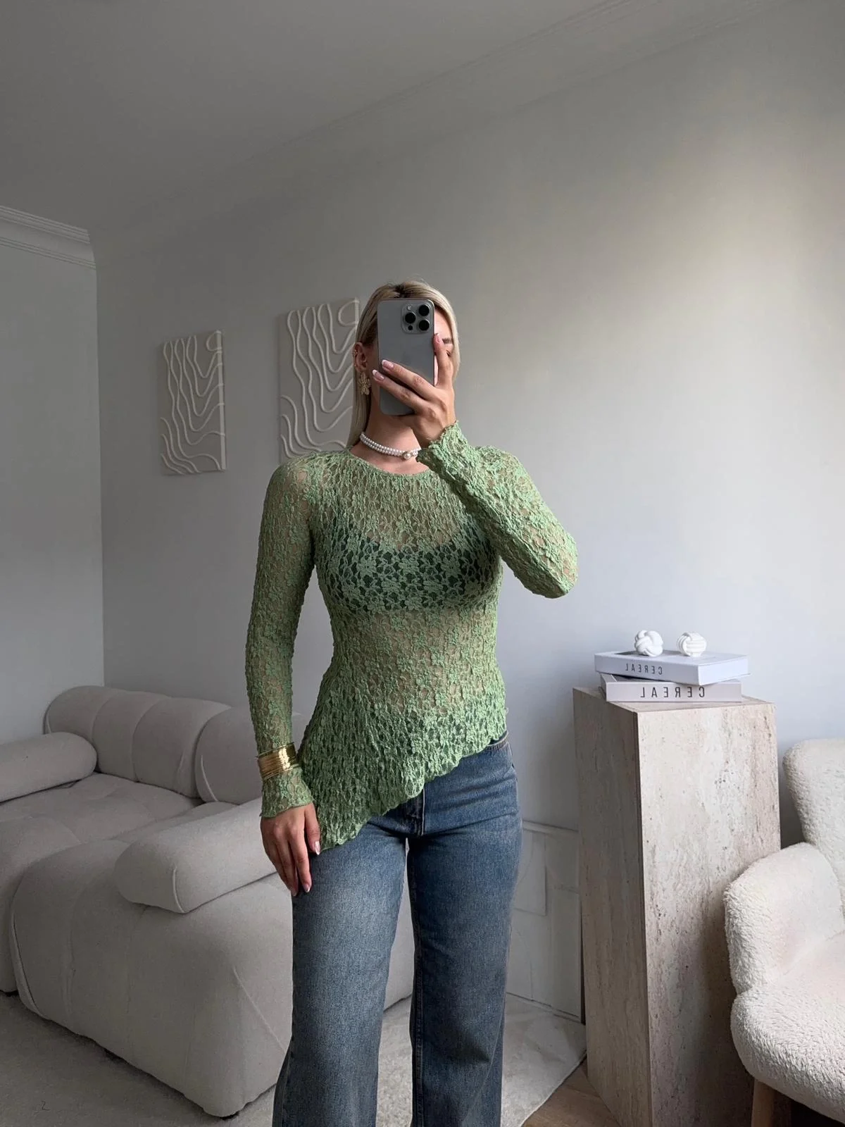 Transparan Dantel Bluz - YEŞİL