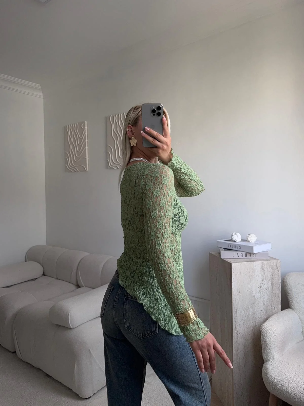 Transparan Dantel Bluz - YEŞİL