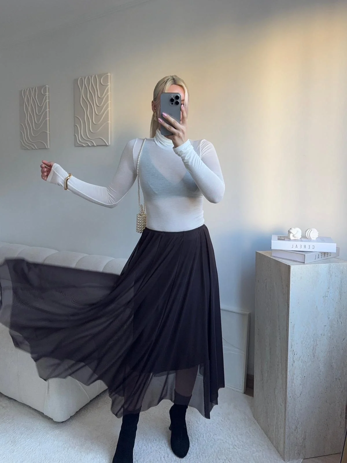 Tül Detay Midi Etek - KAHVE