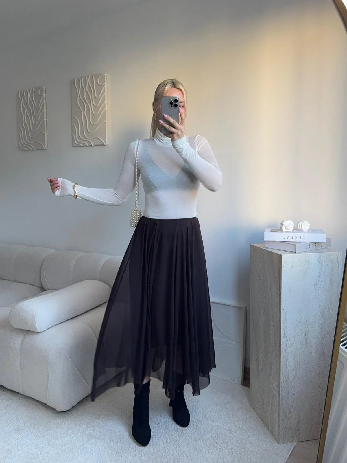 Tül Detay Midi Etek - KAHVE