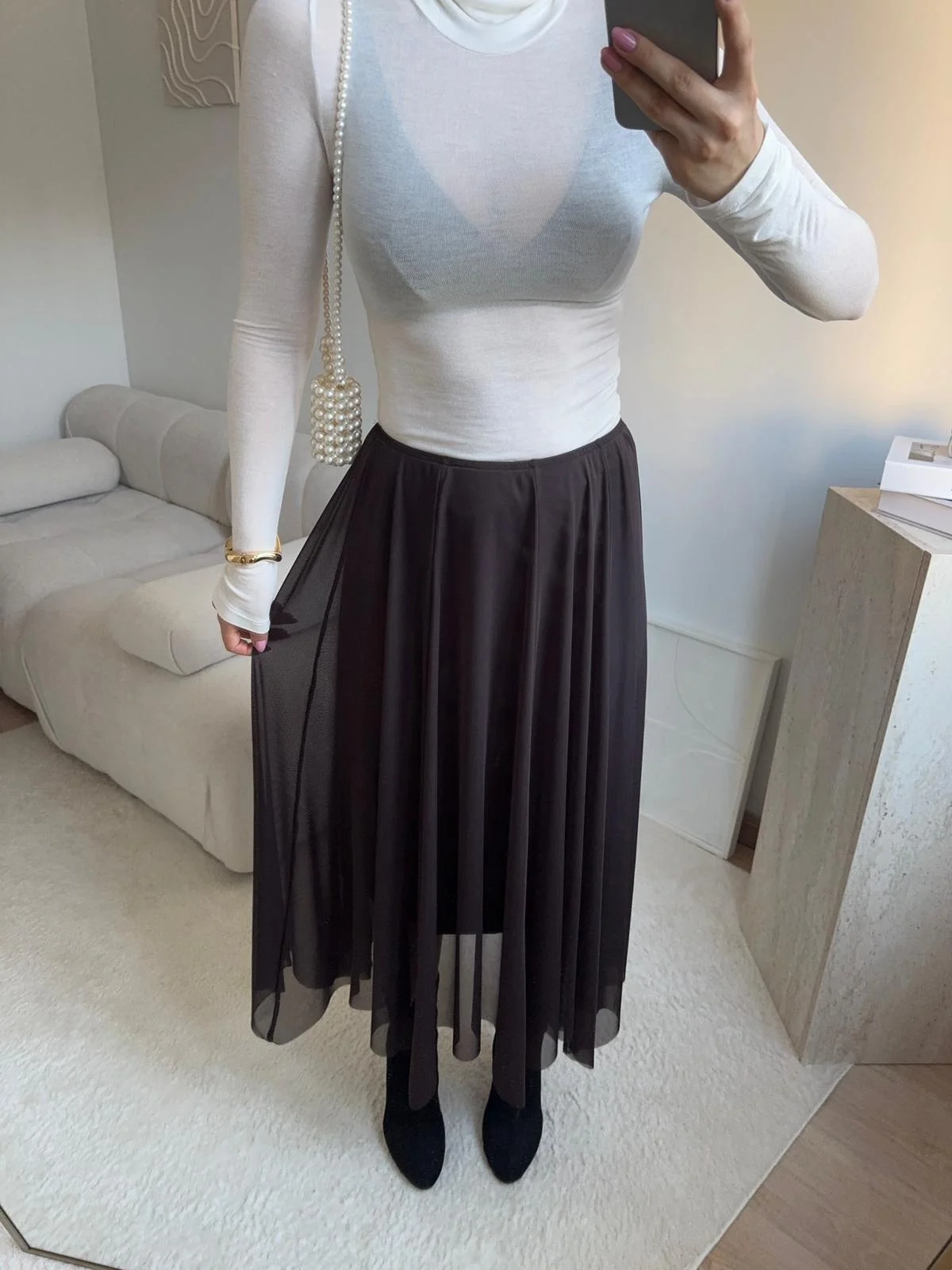 Tül Detay Midi Etek - KAHVE