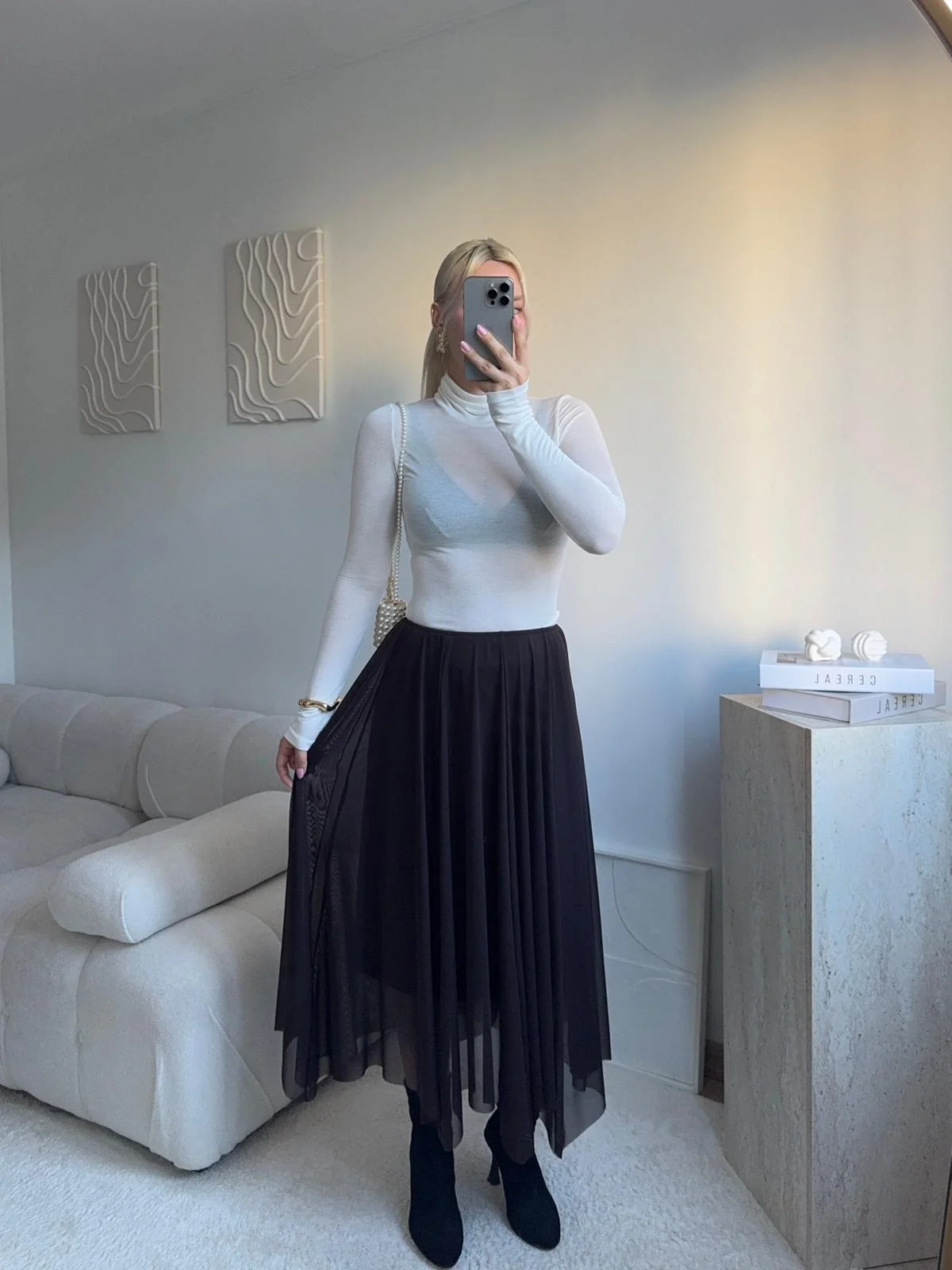 Tül Detay Midi Etek - KAHVE