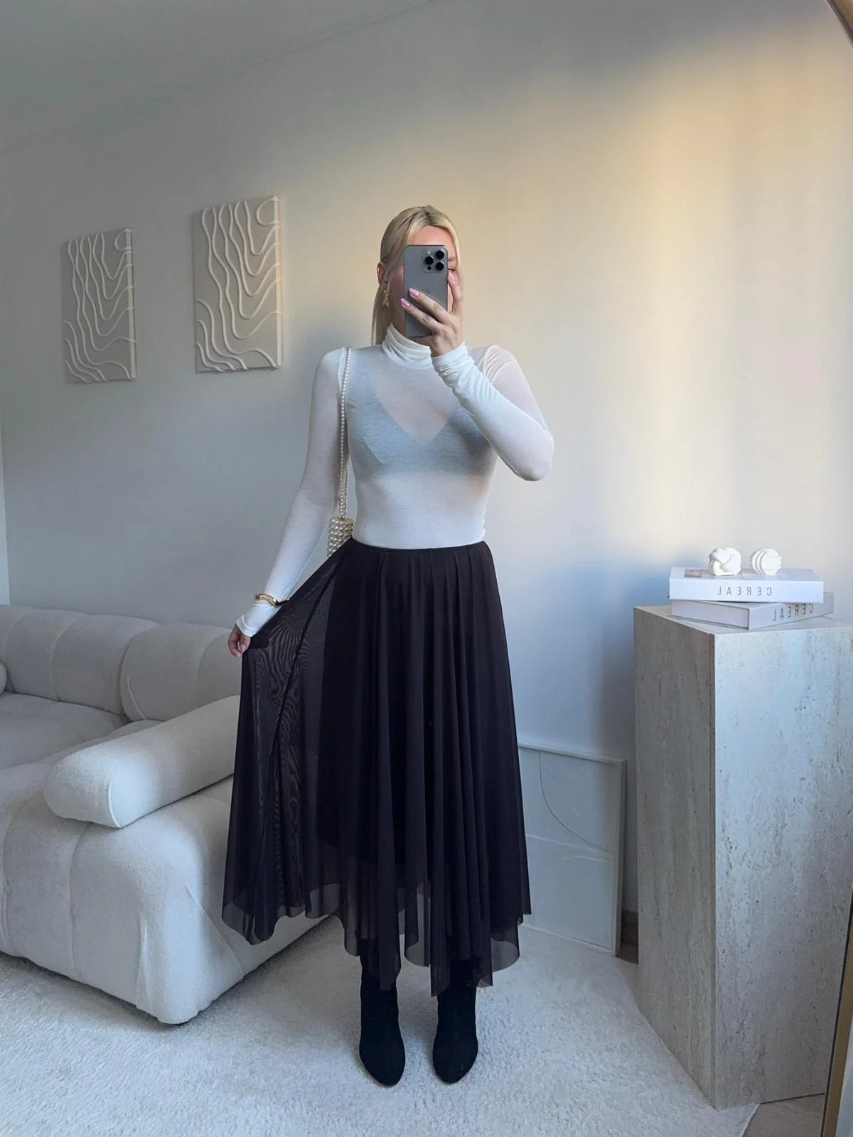 Tül Detay Midi Etek - KAHVE