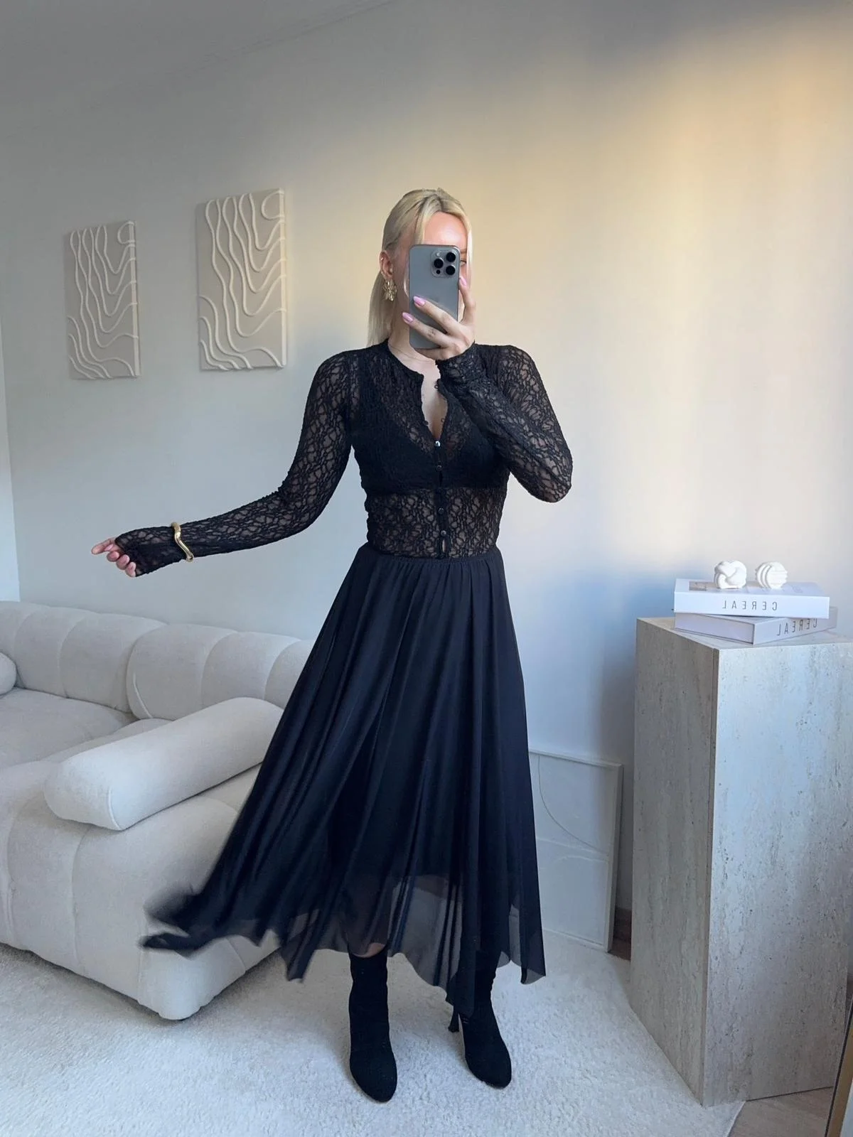 Tül Detay Midi Etek - SİYAH