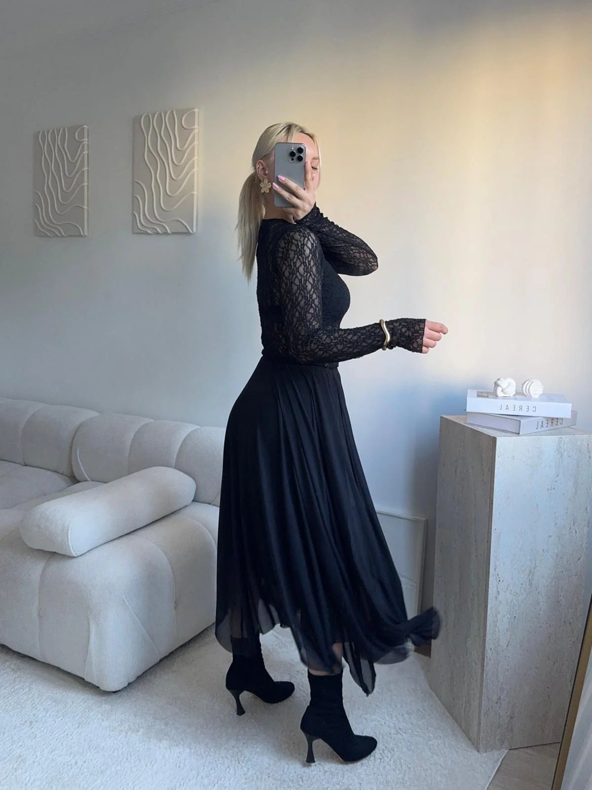 Tül Detay Midi Etek - SİYAH