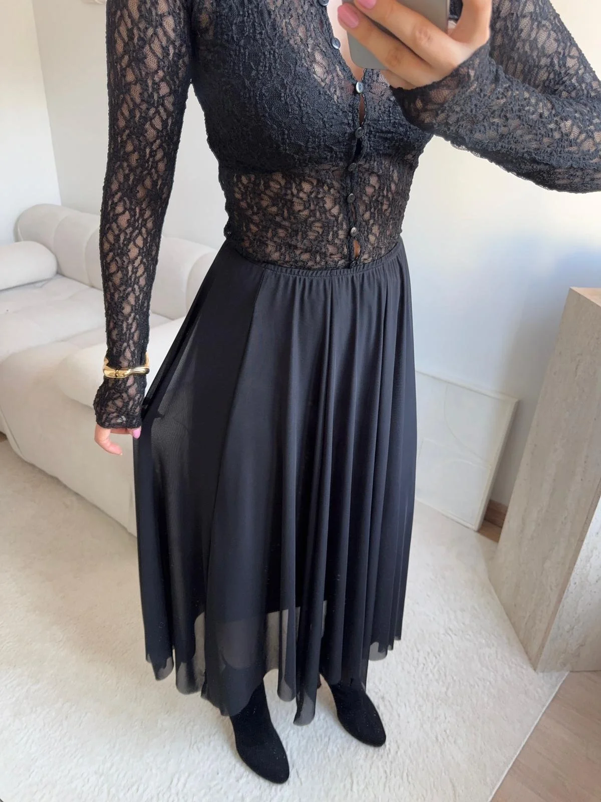 Tül Detay Midi Etek - SİYAH