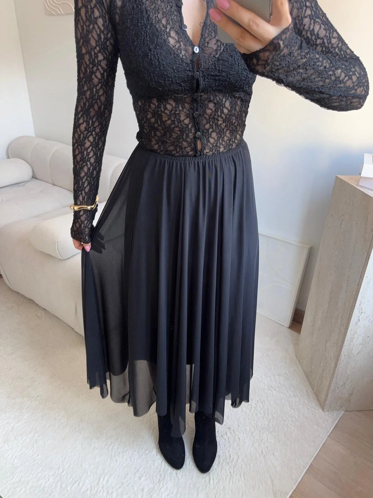 Tül Detay Midi Etek - SİYAH