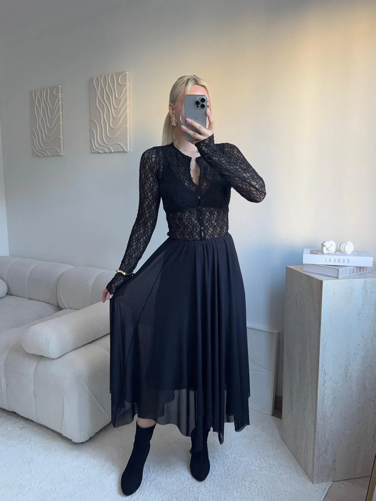 Tül Detay Midi Etek - SİYAH