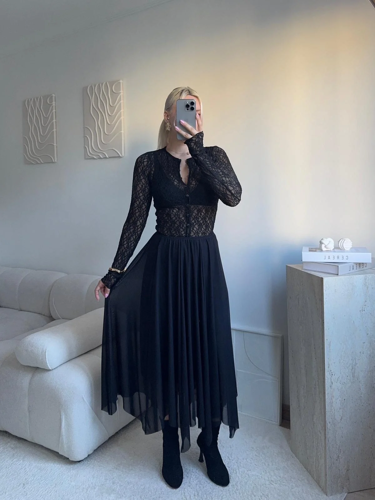 Tül Detay Midi Etek - SİYAH