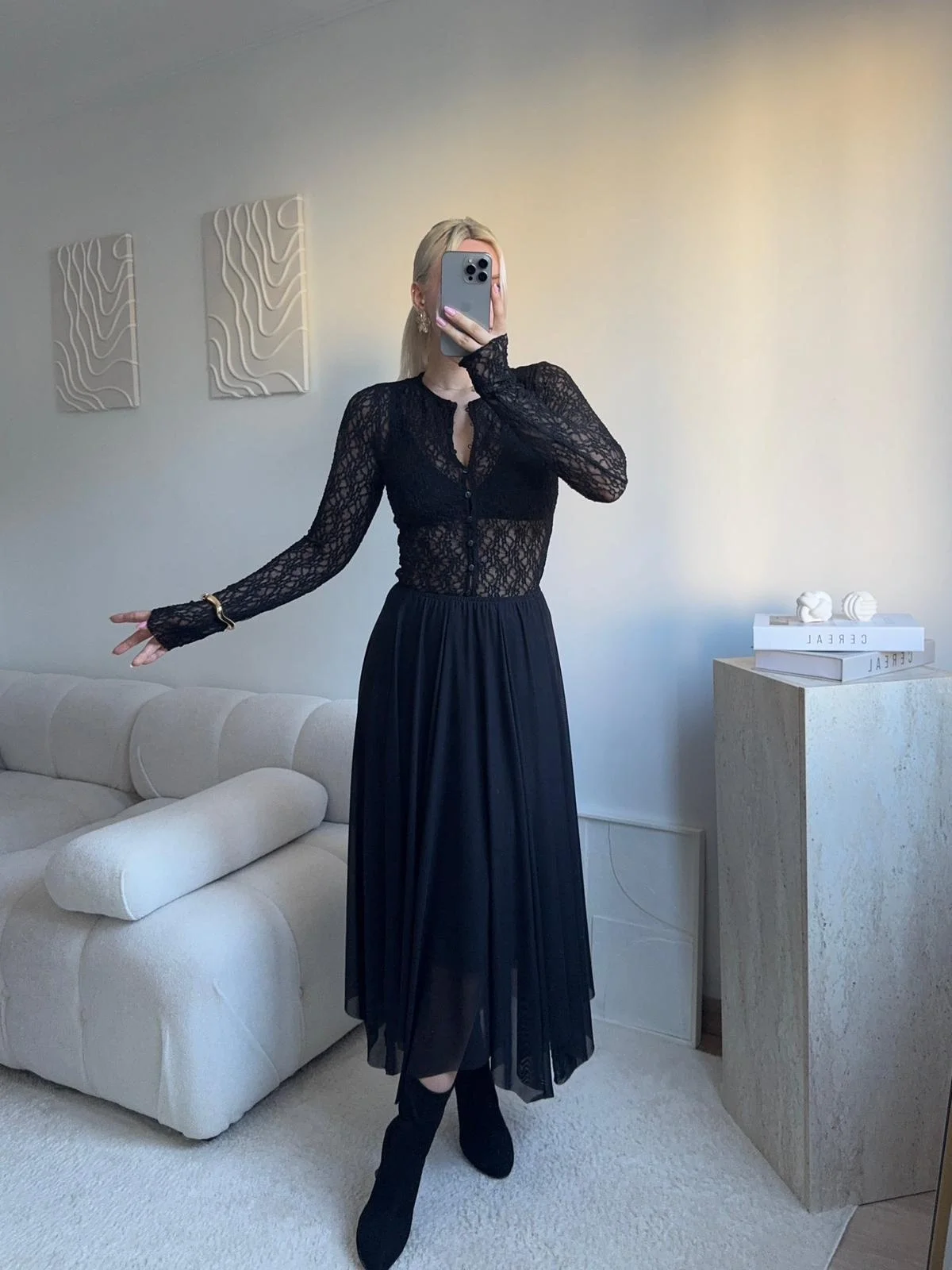 Tül Detay Midi Etek - SİYAH