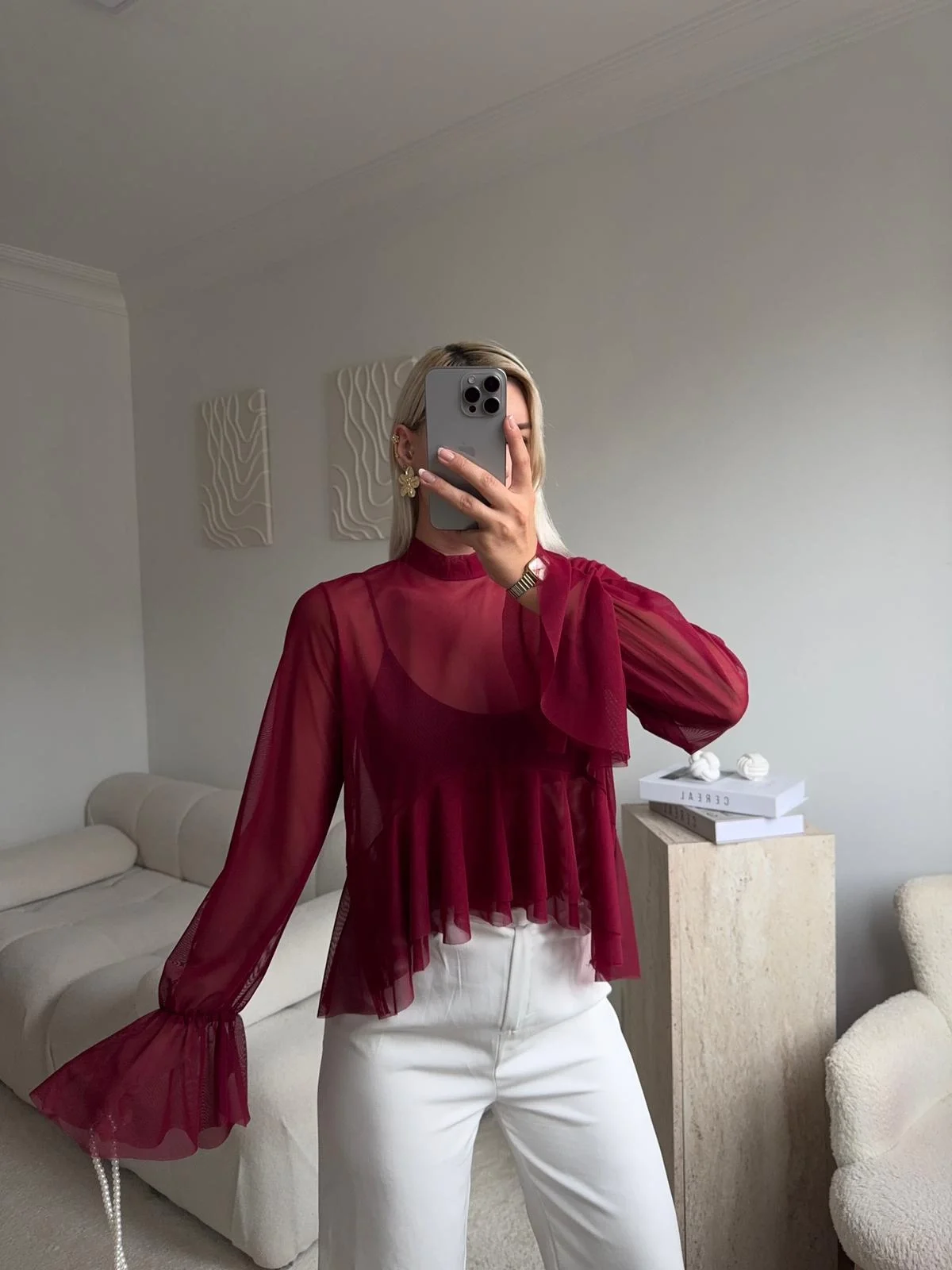 Tül Volanlı Tasarım Bluz - BORDO