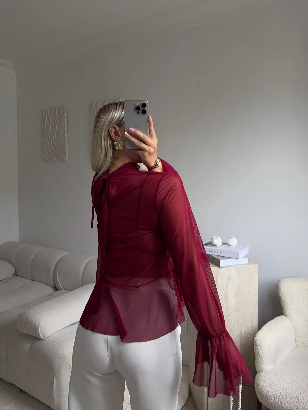 Tül Volanlı Tasarım Bluz - BORDO