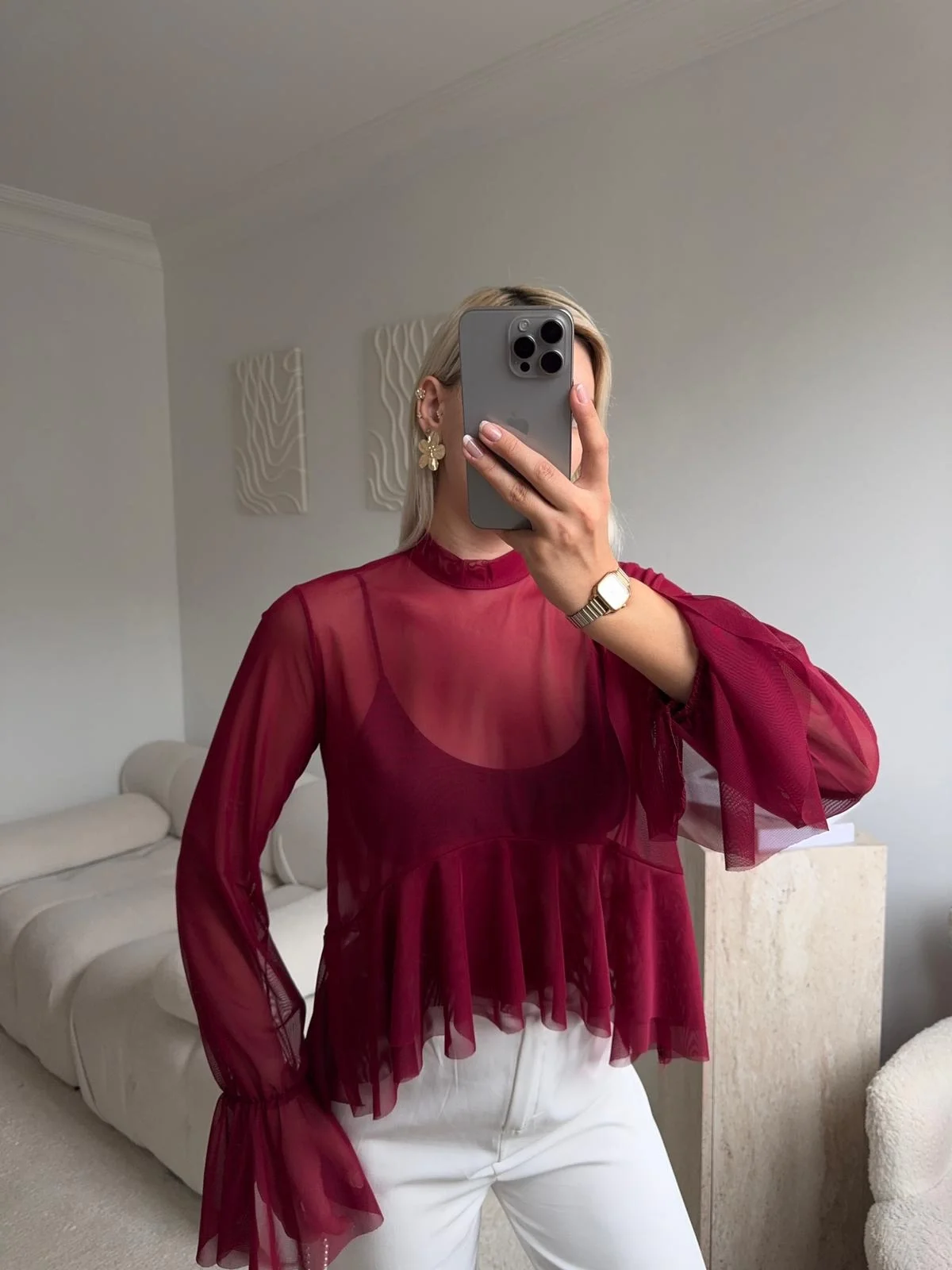 Tül Volanlı Tasarım Bluz - BORDO