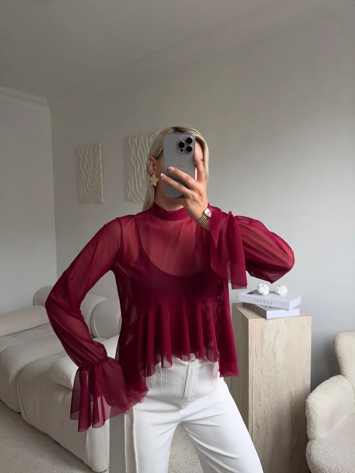 Tül Volanlı Tasarım Bluz - BORDO