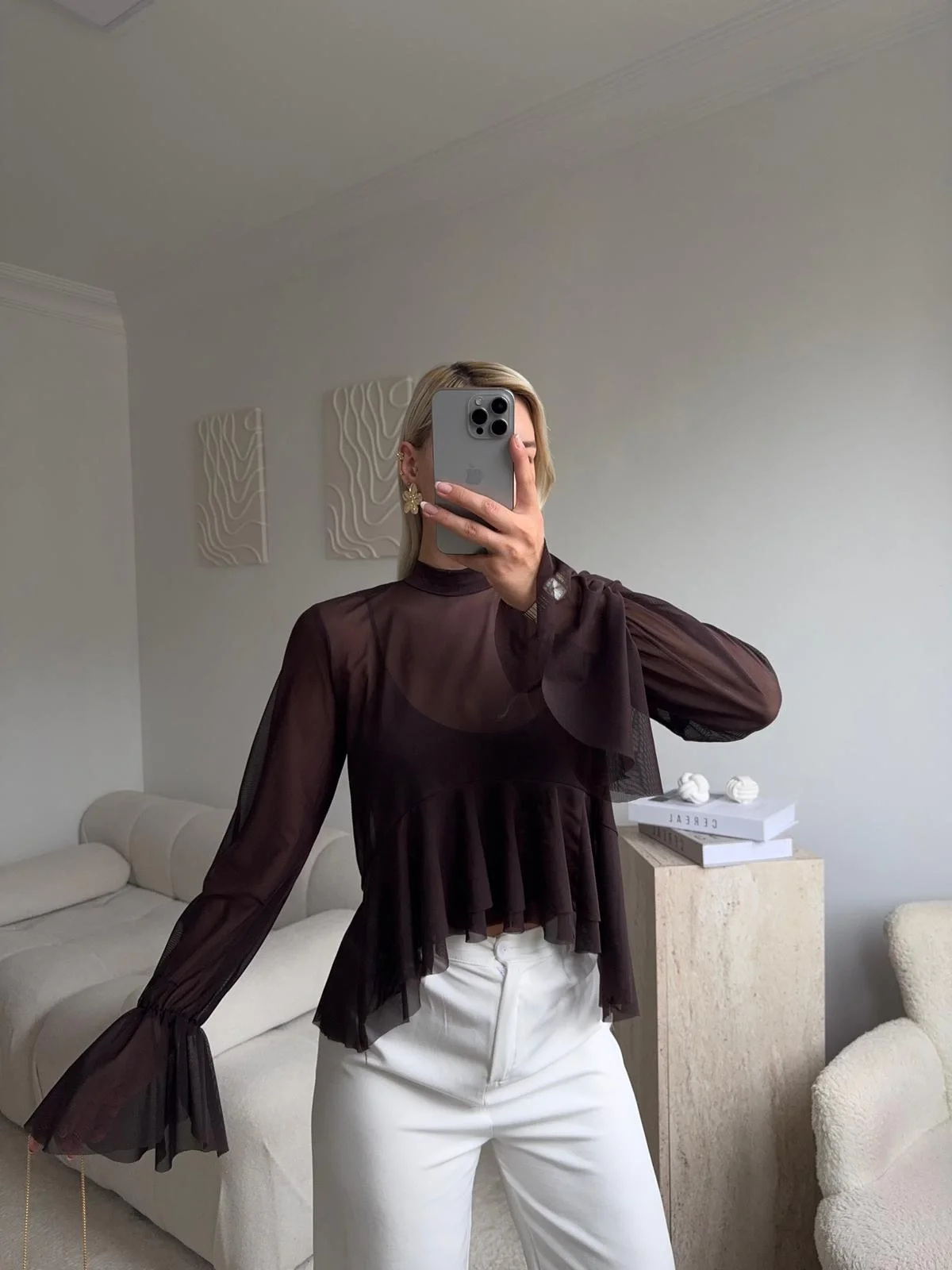 Tül Volanlı Tasarım Bluz - KAHVE