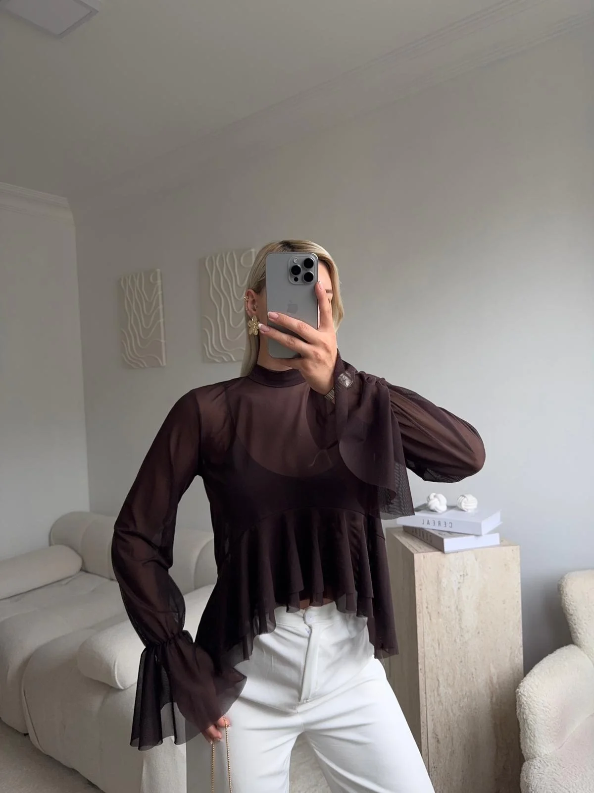 Tül Volanlı Tasarım Bluz - KAHVE