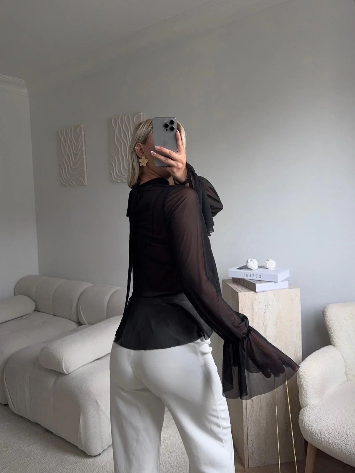 Tül Volanlı Tasarım Bluz - SİYAH